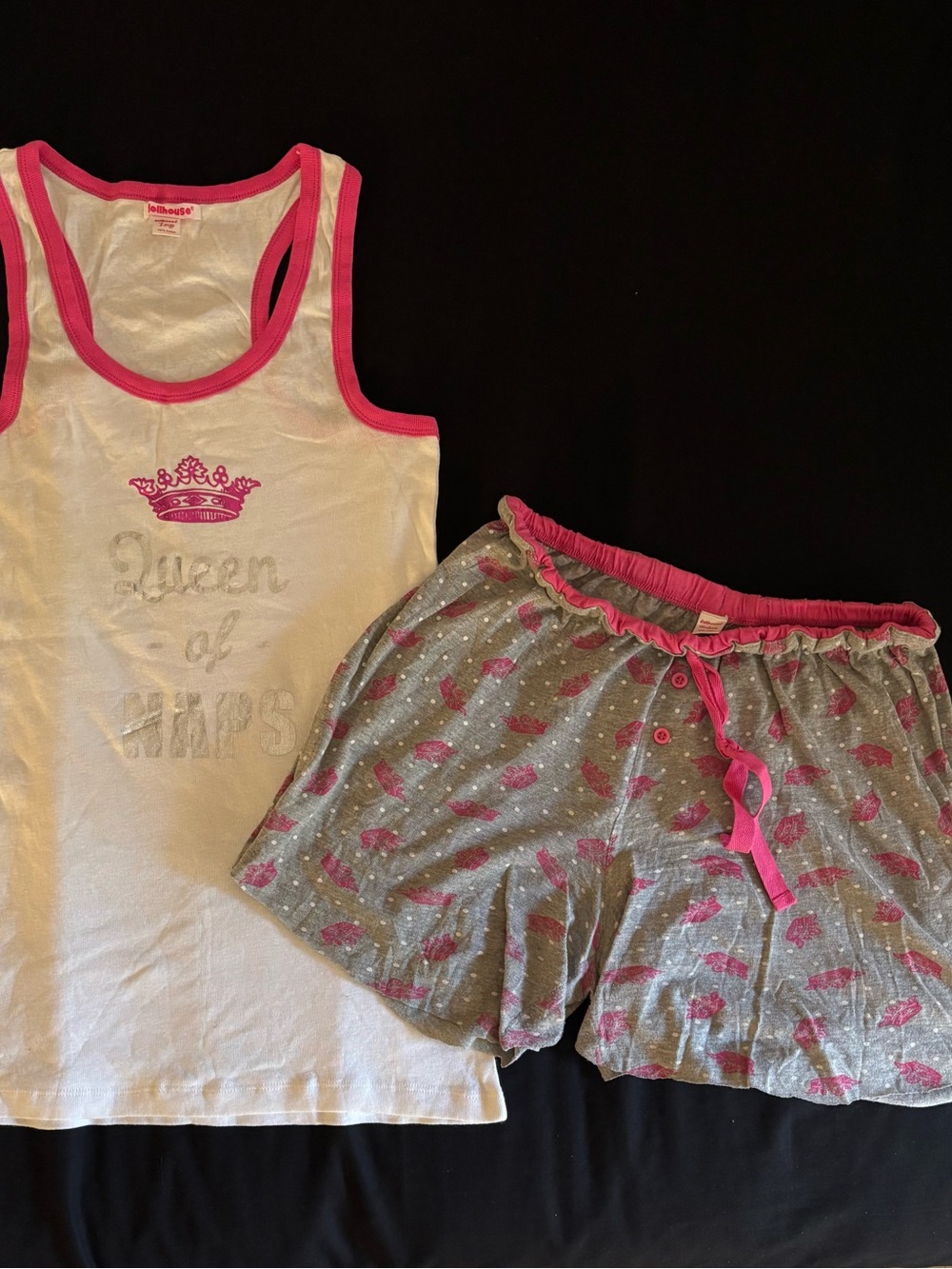 Dollhouse White Tank with Pink Trim & Gray Shorts with Pink Lip Print